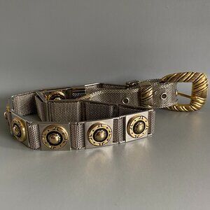1980's Silver & Gold Mesh Roman Concho Belt 30"-34"